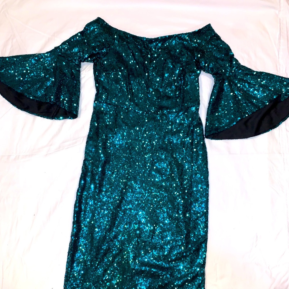 Sparkly green off the shoulder midi dress
